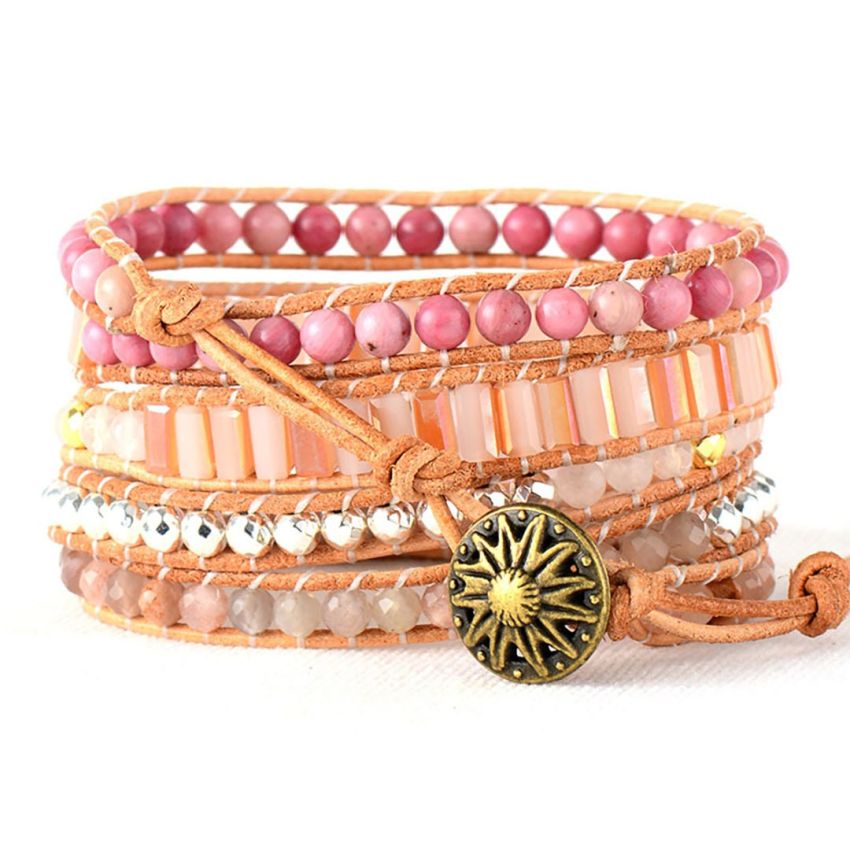 Natural Rose Quartz, Rhodonite & Sunstone Leather Wrap Bracelet – Handmade Chakra Jewelry
