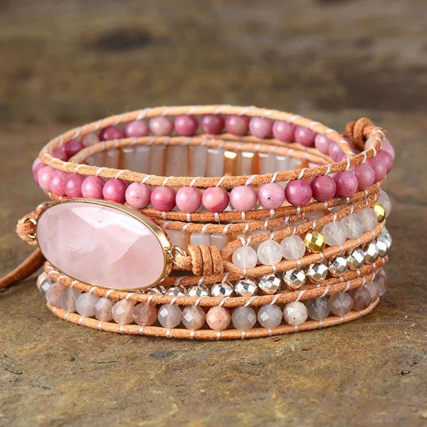 Natural Rose Quartz, Rhodonite & Sunstone Leather Wrap Bracelet – Handmade Chakra Jewelry