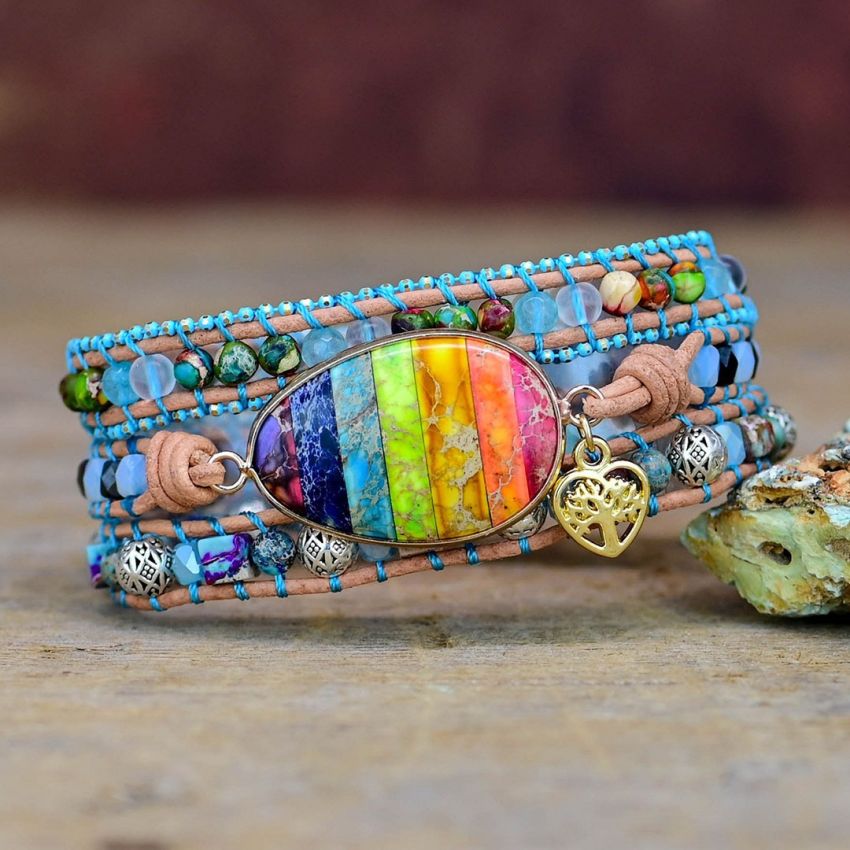 Natural Mix Gemstones & Rainbow Chakra Wrap Bracelet – Handmade Tree of Life Jewelry