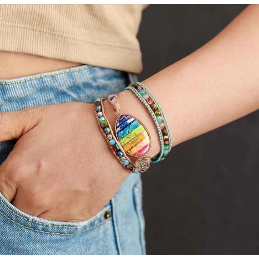 Natural Mix Gemstones & Rainbow Chakra Wrap Bracelet – Handmade Tree of Life Jewelry
