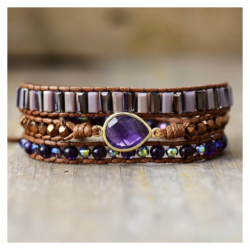 Natural Amethyst Beaded Wrap Bracelet - 3 Layer Healing Crystal Jewelry