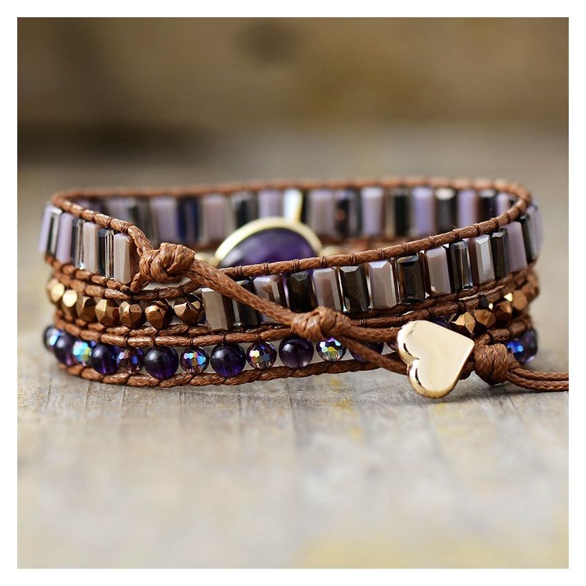 Natural Amethyst Beaded Wrap Bracelet - 3 Layer Healing Crystal Jewelry
