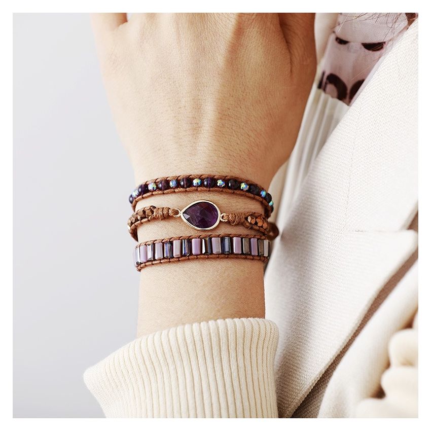 Natural Amethyst Beaded Wrap Bracelet - 3 Layer Healing Crystal Jewelry