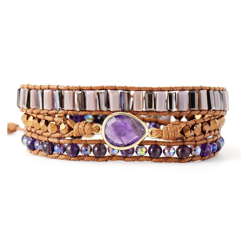 Natural Amethyst Beaded Wrap Bracelet - 3 Layer Healing Crystal Jewelry