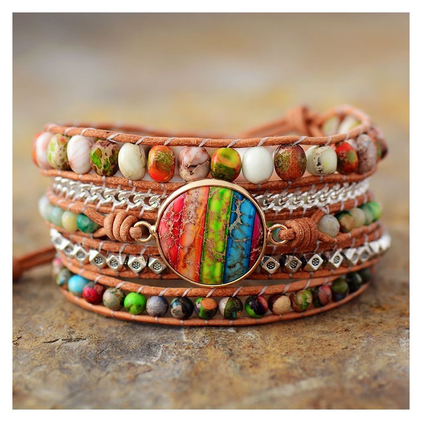 Vibrant Rainbow Imperial Jasper 5x Wrap Bracelet - Handmade Leather Jewelry