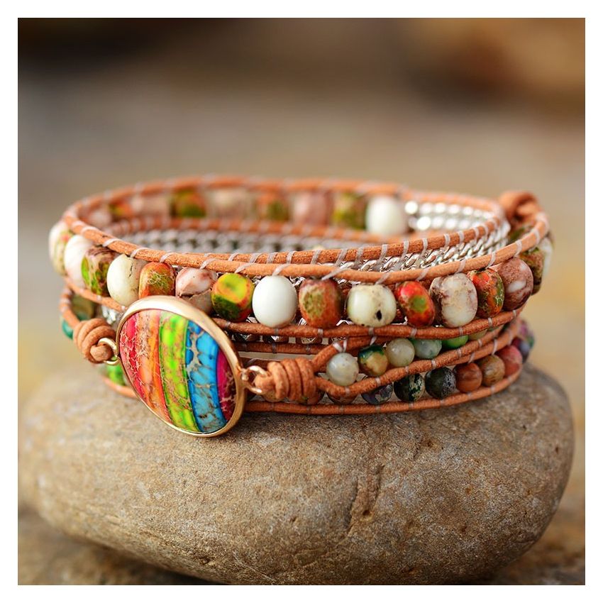 Vibrant Rainbow Imperial Jasper 5x Wrap Bracelet - Handmade Leather Jewelry