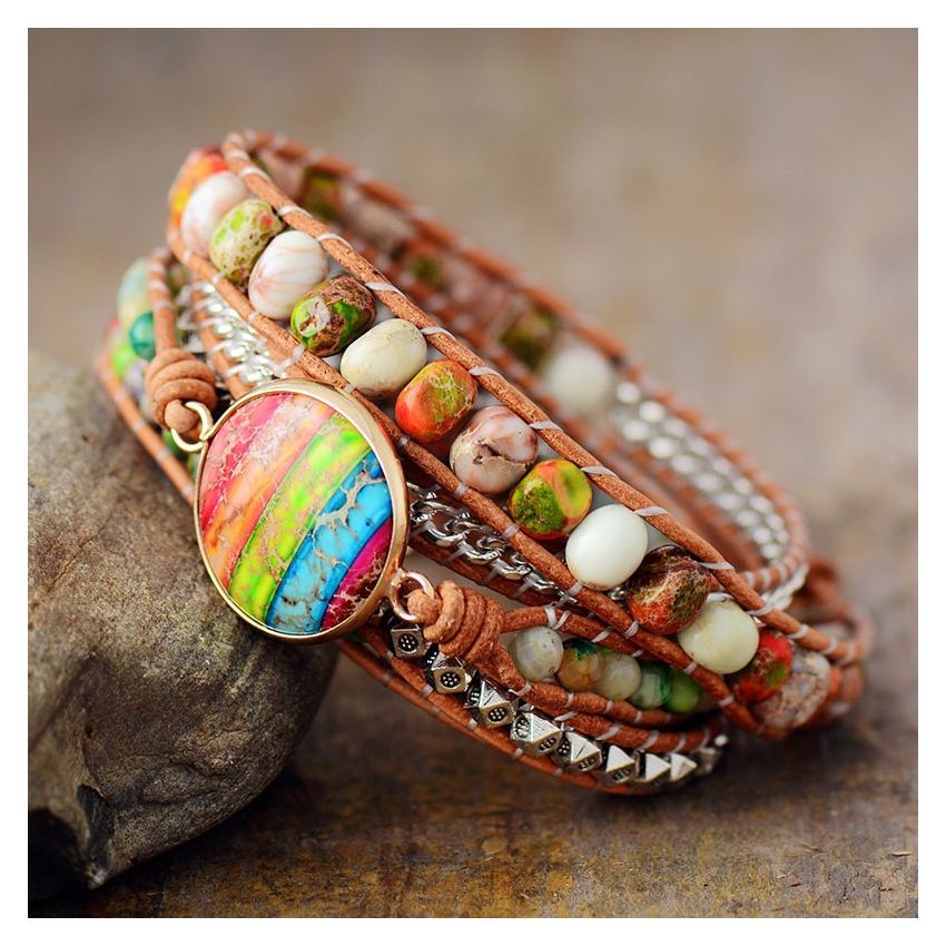 Vibrant Rainbow Imperial Jasper 5x Wrap Bracelet - Handmade Leather Jewelry