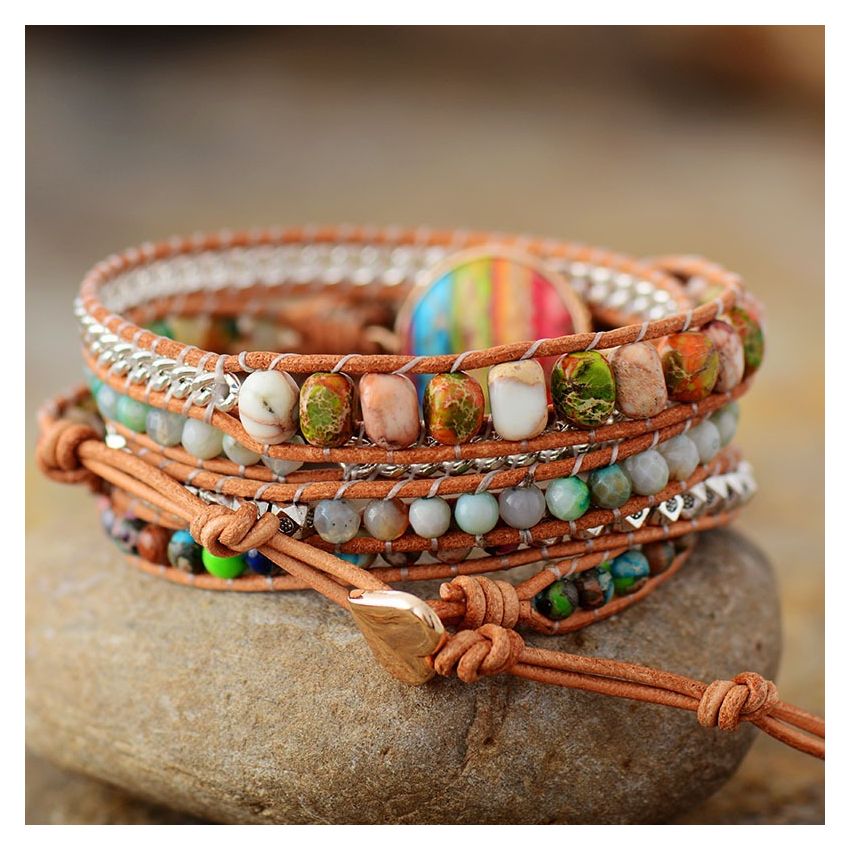 Vibrant Rainbow Imperial Jasper 5x Wrap Bracelet - Handmade Leather Jewelry