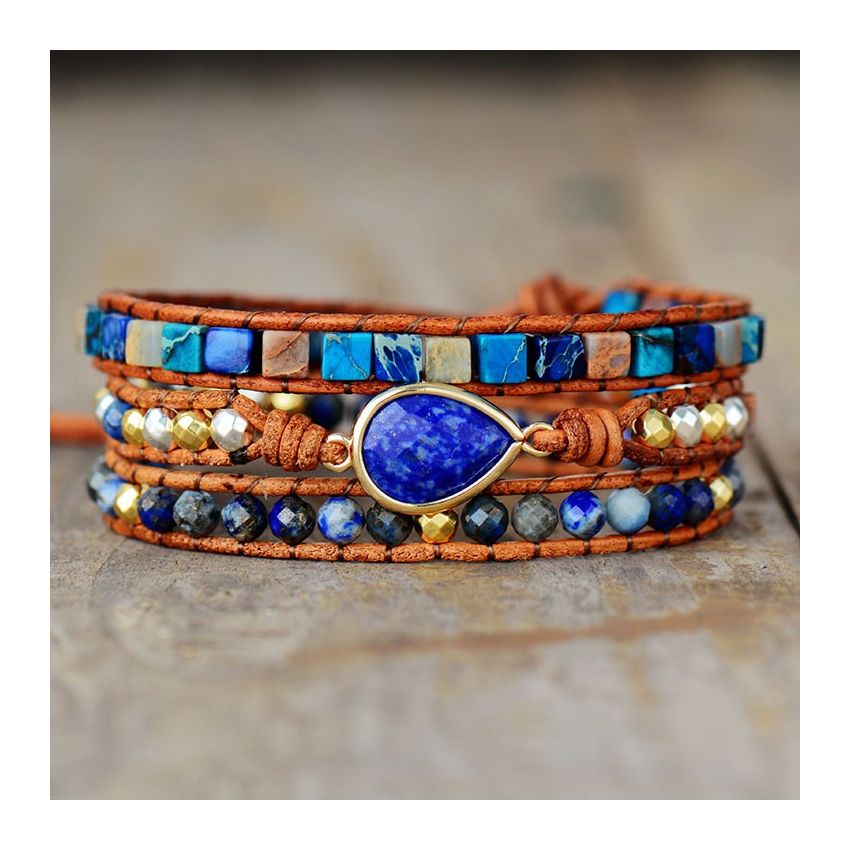 Primary Choice: Natural Lapis Lazuli & Imperial Jasper 3-Wrap Bracelet - Handmade Leather Jewelry