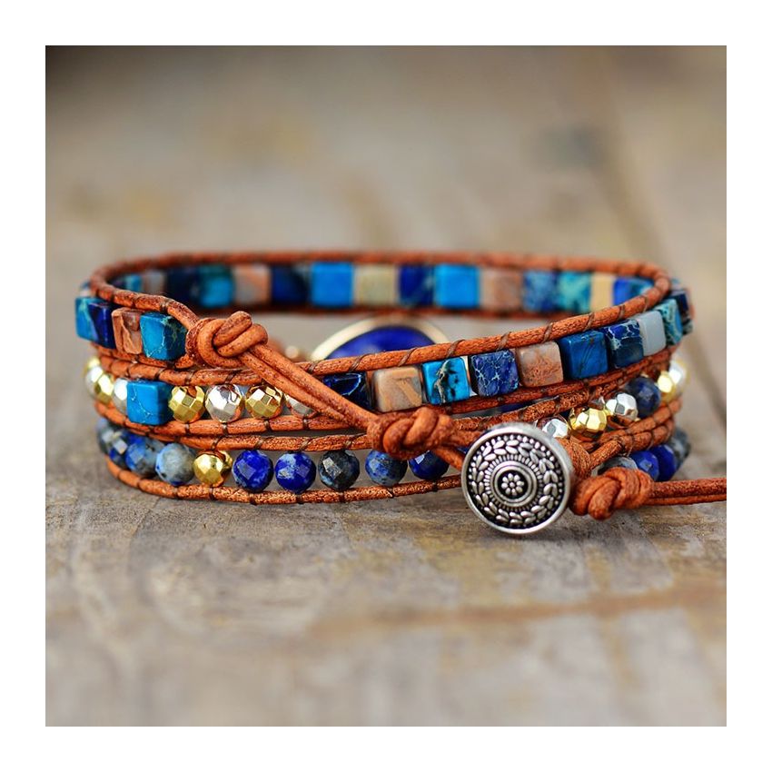 Primary Choice: Natural Lapis Lazuli & Imperial Jasper 3-Wrap Bracelet - Handmade Leather Jewelry