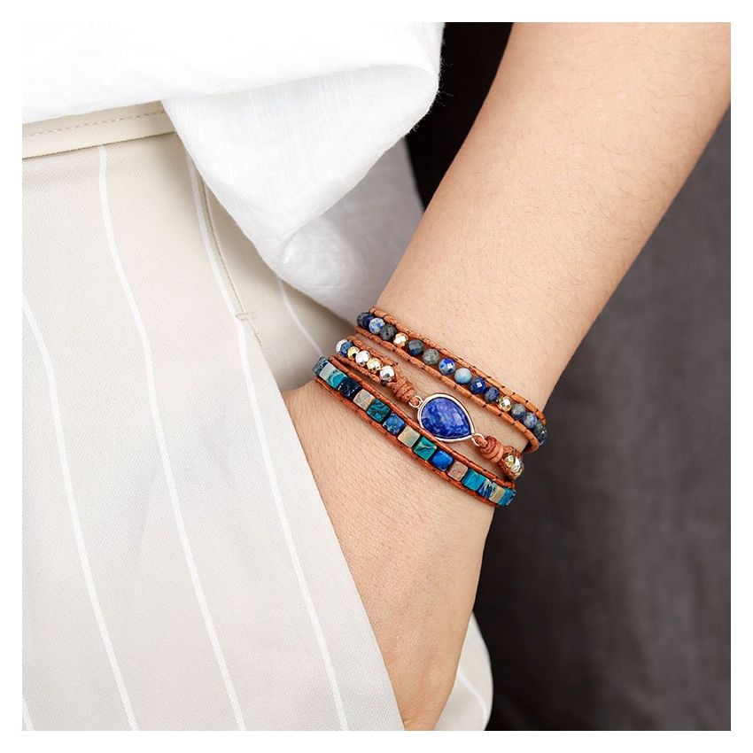 Primary Choice: Natural Lapis Lazuli & Imperial Jasper 3-Wrap Bracelet - Handmade Leather Jewelry