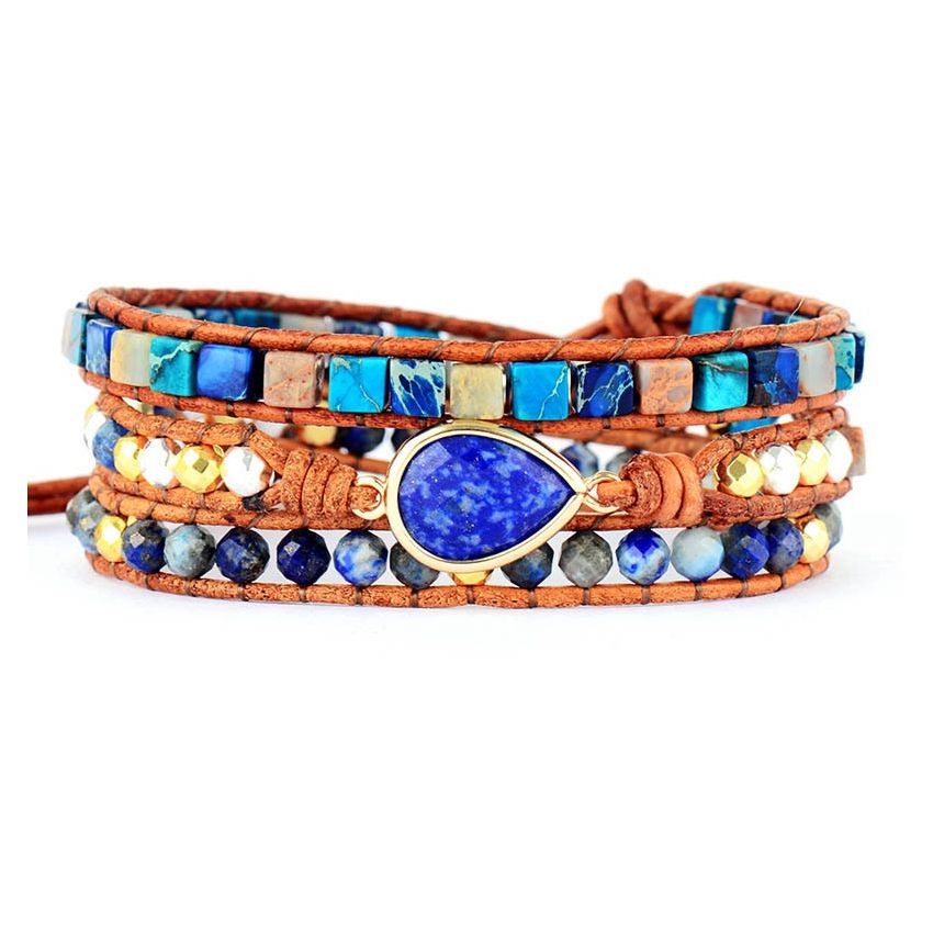 Primary Choice: Natural Lapis Lazuli & Imperial Jasper 3-Wrap Bracelet - Handmade Leather Jewelry