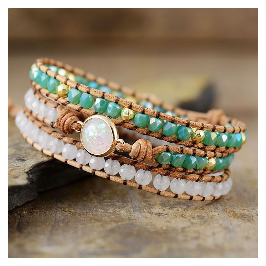 Primary Choice: Handmade White Opal & Mint Crystal 3-Layer Wrap Bracelet - Genuine Leather