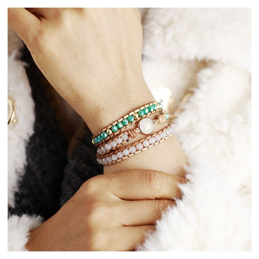 Primary Choice: Handmade White Opal & Mint Crystal 3-Layer Wrap Bracelet - Genuine Leather