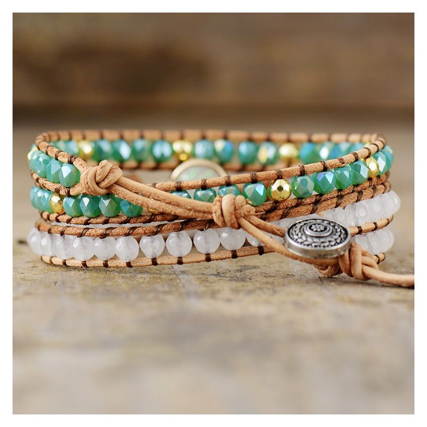 Primary Choice: Handmade White Opal & Mint Crystal 3-Layer Wrap Bracelet - Genuine Leather