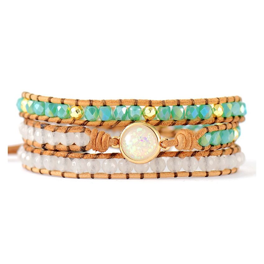 Primary Choice: Handmade White Opal & Mint Crystal 3-Layer Wrap Bracelet - Genuine Leather