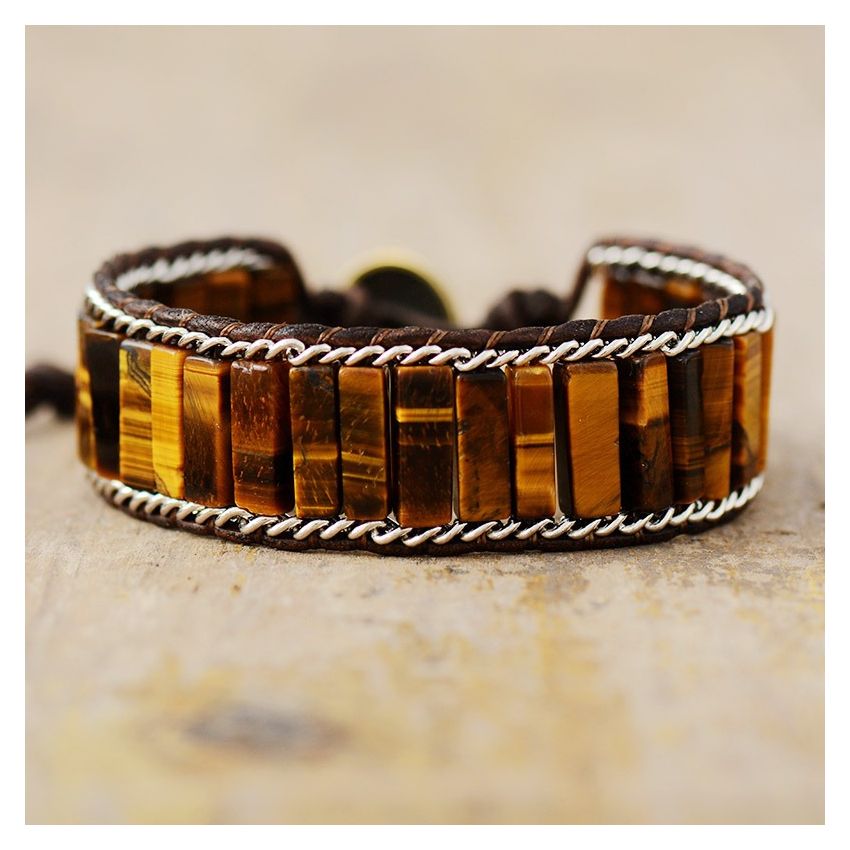 Primary Choice: Natural Tiger Eye Stone Leather Wrap Bracelet - Handmade Rectangular Bead Cuff