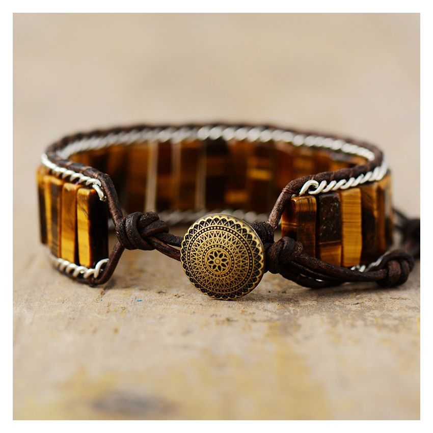 Primary Choice: Natural Tiger Eye Stone Leather Wrap Bracelet - Handmade Rectangular Bead Cuff