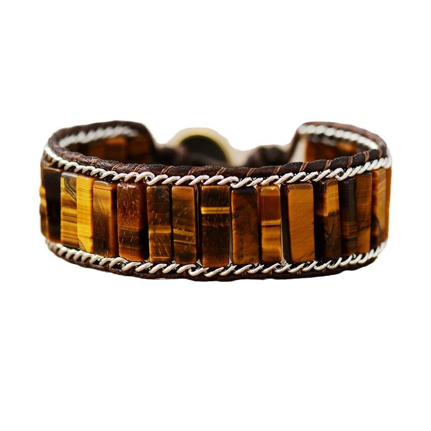 Primary Choice: Natural Tiger Eye Stone Leather Wrap Bracelet - Handmade Rectangular Bead Cuff