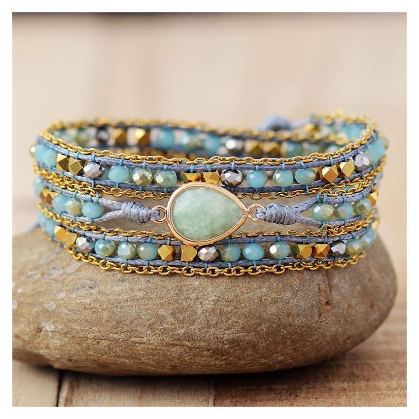 Primary Choice: Natural Amazonite Teardrop 3-Wrap Bracelet - Handmade Crystal Beaded Jewelry