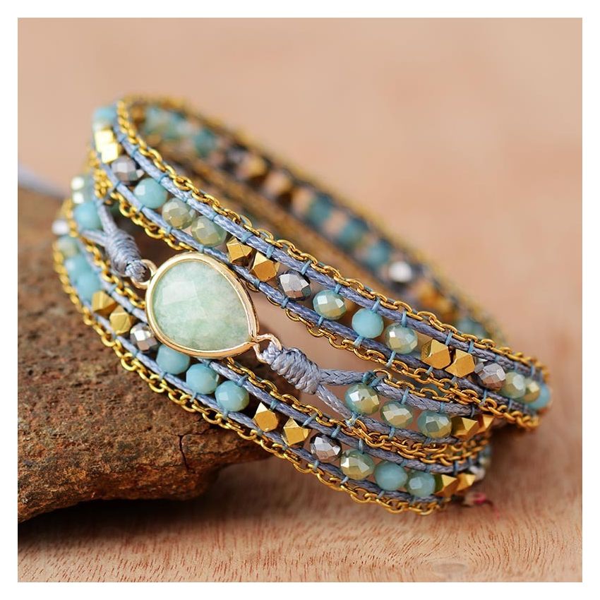Primary Choice: Natural Amazonite Teardrop 3-Wrap Bracelet - Handmade Crystal Beaded Jewelry