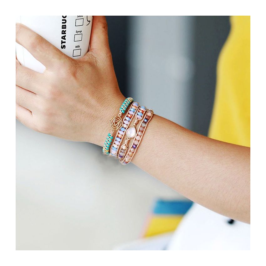 Primary Choice: Handmade Pastel Crystal & Pink Opal 3-Wrap Bracelet - Bohemian Woven Jewelry