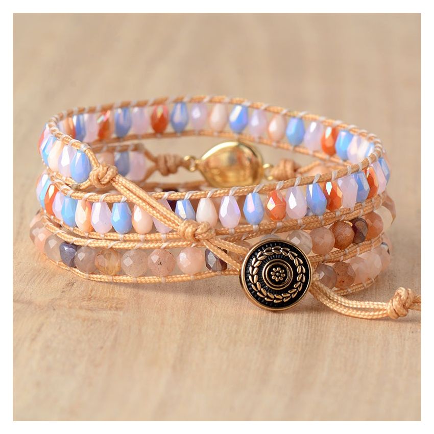 Primary Choice: Handmade Pastel Crystal & Pink Opal 3-Wrap Bracelet - Bohemian Woven Jewelry