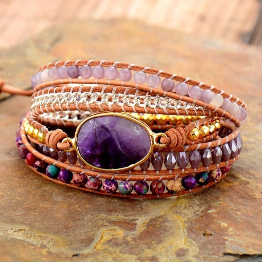 Primary Choice: Natural Amethyst 5-Wrap Bracelet - Handmade Layered Leather Cuff with Imperial Jasper