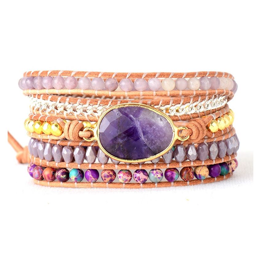 Primary Choice: Natural Amethyst 5-Wrap Bracelet - Handmade Layered Leather Cuff with Imperial Jasper