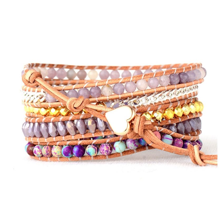 Primary Choice: Natural Amethyst 5-Wrap Bracelet - Handmade Layered Leather Cuff with Imperial Jasper