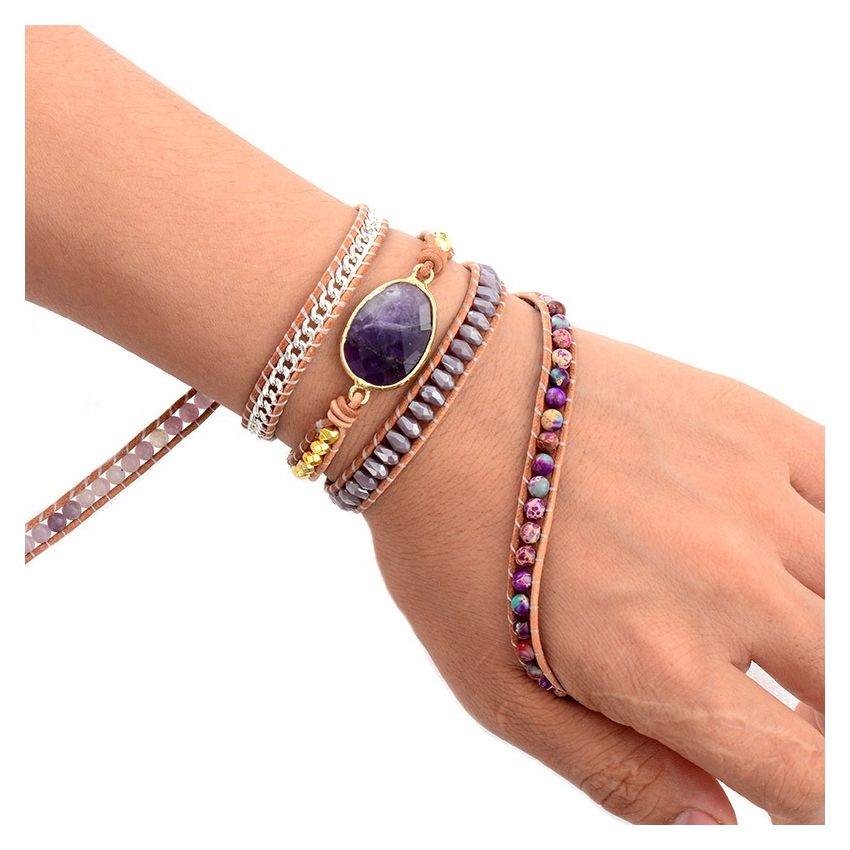 Primary Choice: Natural Amethyst 5-Wrap Bracelet - Handmade Layered Leather Cuff with Imperial Jasper