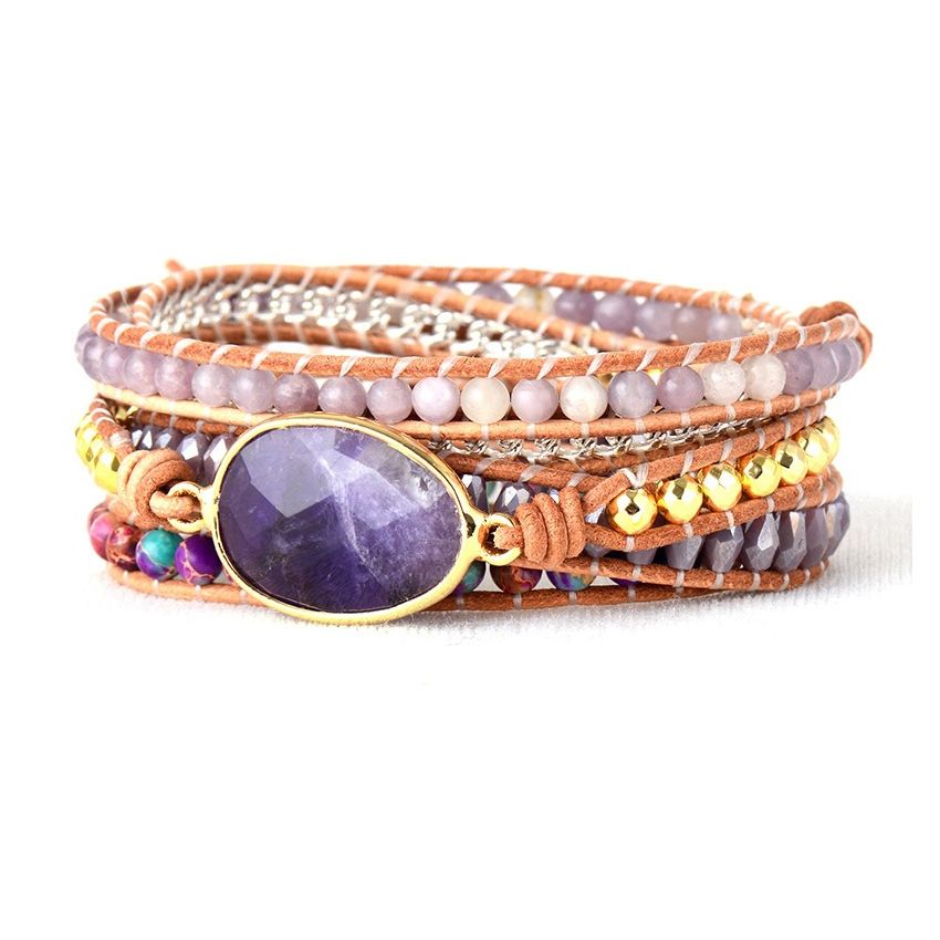 Primary Choice: Natural Amethyst 5-Wrap Bracelet - Handmade Layered Leather Cuff with Imperial Jasper