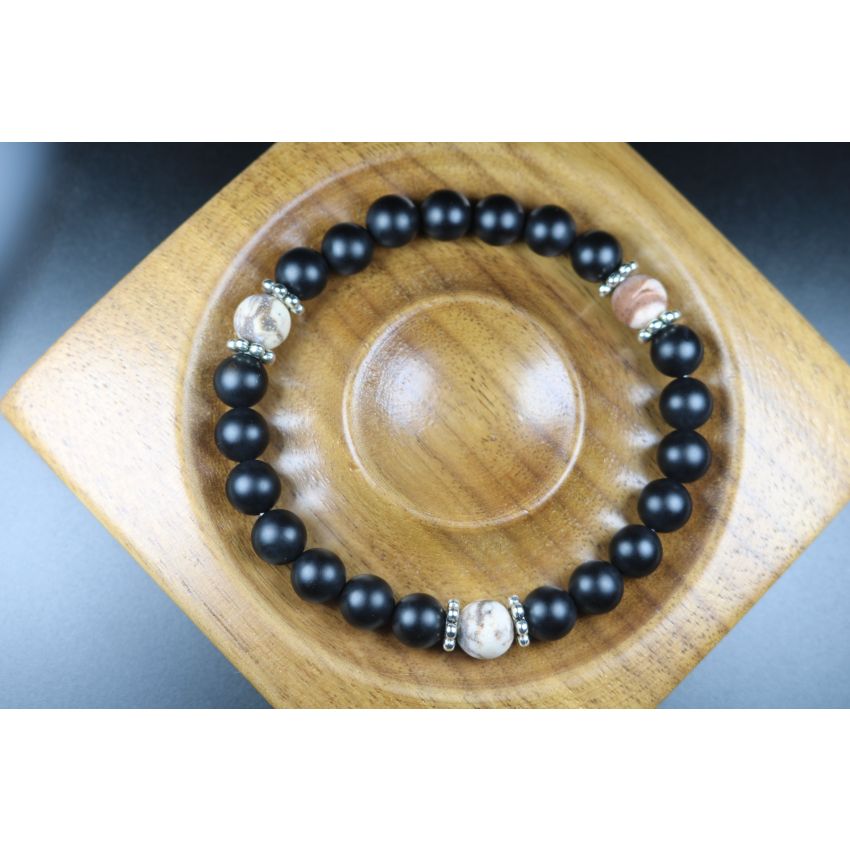 Anxiety Relief Bracelet - Matte Black Onyx with Rare Wooden Opal Bracelet - Lucky Bracelet - Popular Gift - 8mm beads
