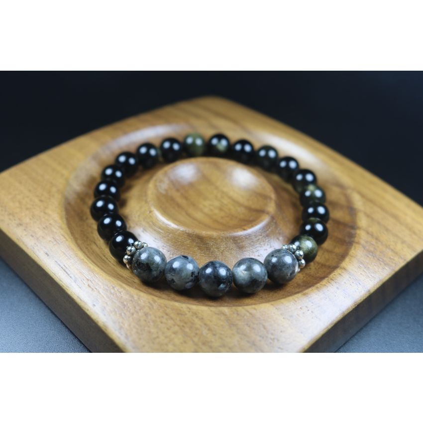 Black Obsidian and Larvikite Bracelet- 8mm beads - Bracelet for Men and Women - Stretch Bracelet - Healing Bracelet - Yoga Bracelet 