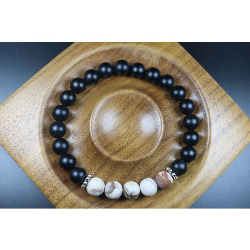 Strength Matte Black Onyx and Rare Wooden Opal Bracelet - Man Jewelry - Stretch Bracelet - Men Bead Bracelet - Heal Bracelet - 8mm beads
