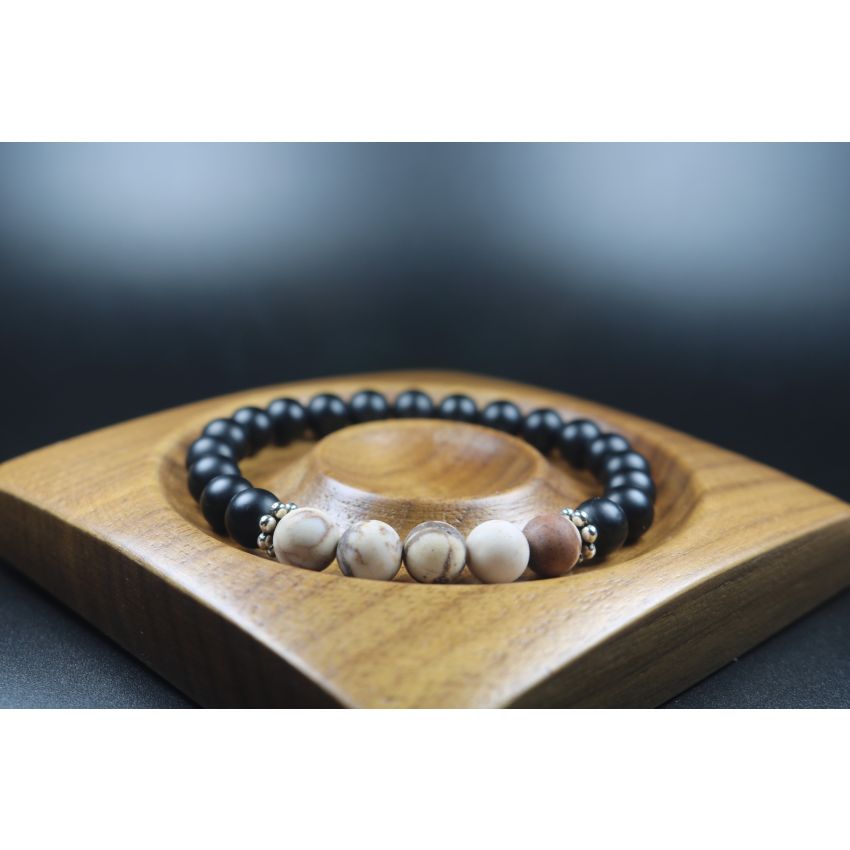 Strength Matte Black Onyx and Rare Wooden Opal Bracelet - Man Jewelry - Stretch Bracelet - Men Bead Bracelet - Heal Bracelet - 8mm beads