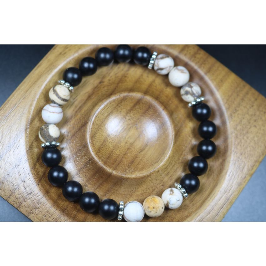 Matte Black Onyx and Rare Wooden Opal Bracelet - Bracelet - Men Jewelry - Stretch Bracelet - Men Bead Bracelet - Heal Bracelet - 8mm beads