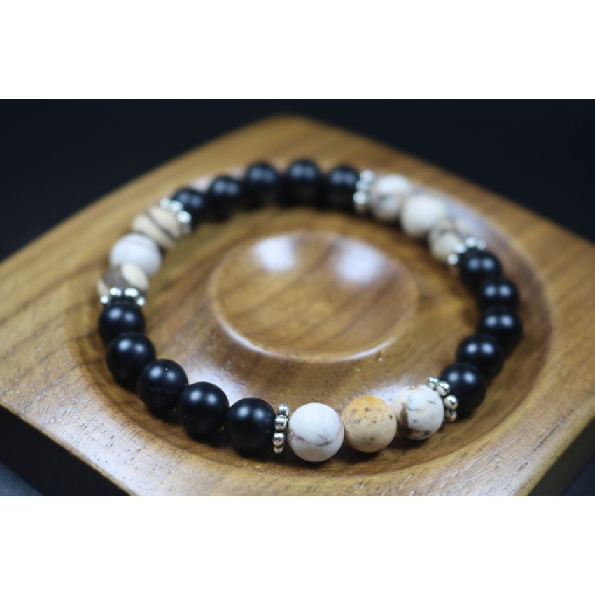 Matte Black Onyx and Rare Wooden Opal Bracelet - Bracelet - Men Jewelry - Stretch Bracelet - Men Bead Bracelet - Heal Bracelet - 8mm beads
