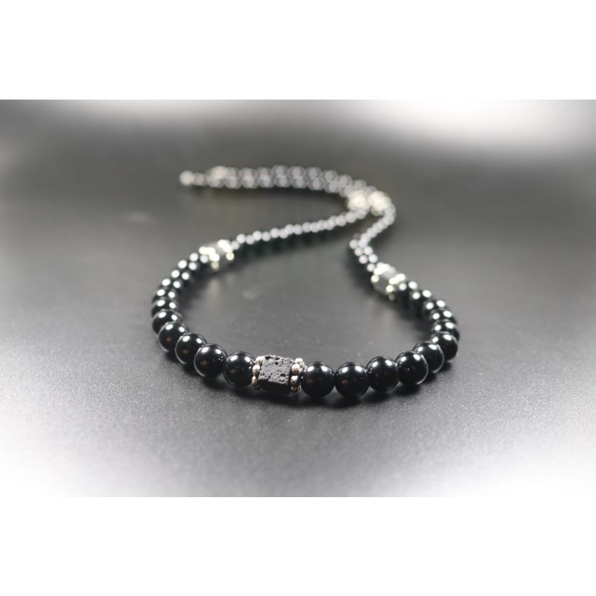 Black Obsidian with Cube Lava Balance Necklace, Mens Necklace, Womens Necklace, Stretch Necklace, Gemstone Necklace, Healing Necklace