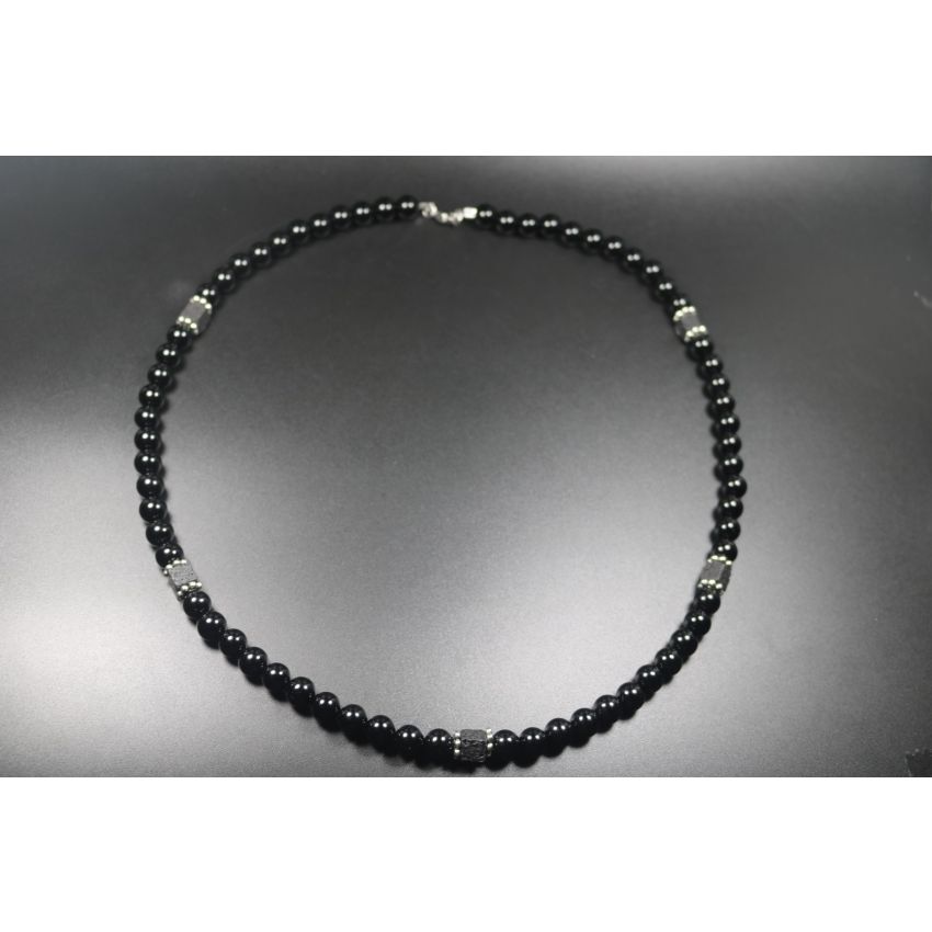 Black Obsidian with Cube Lava Balance Necklace, Mens Necklace, Womens Necklace, Stretch Necklace, Gemstone Necklace, Healing Necklace