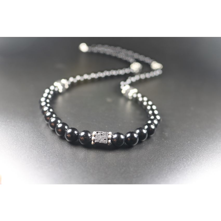 Black Obsidian with Cube Lava Balance Necklace, Mens Necklace, Womens Necklace, Stretch Necklace, Gemstone Necklace, Healing Necklace
