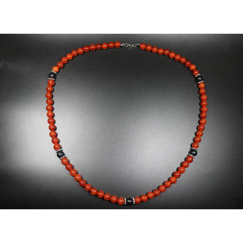 Orange dragon agate with Matte Black Onyx Necklace, Mens Necklace, Womens Necklace, Stretch Necklace, Gemstone Necklace, Healing Necklace