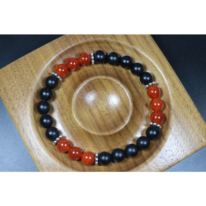 Anxiety Relief Bracelet - Matte Black Onyx with Orange dragon agate Bracelet - Lucky Bracelet - 8mm beads- Popular Gift 