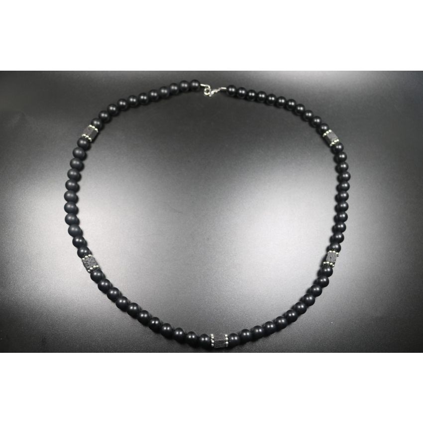 Matte Black Onyx with Cube Lava Balance Necklace, Mens Necklace, Womens Necklace, Stretch Necklace, Gemstone Necklace, Healing Necklace
