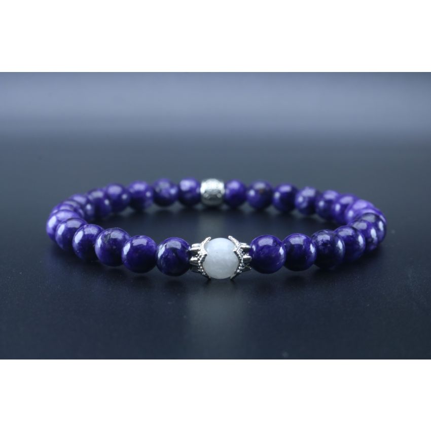 Charoite & Moonstone Bracelet (6mm Beads)/Spiritual, Overcome Fear, Reduce Stress, Negativity, Stress, Obsessions
