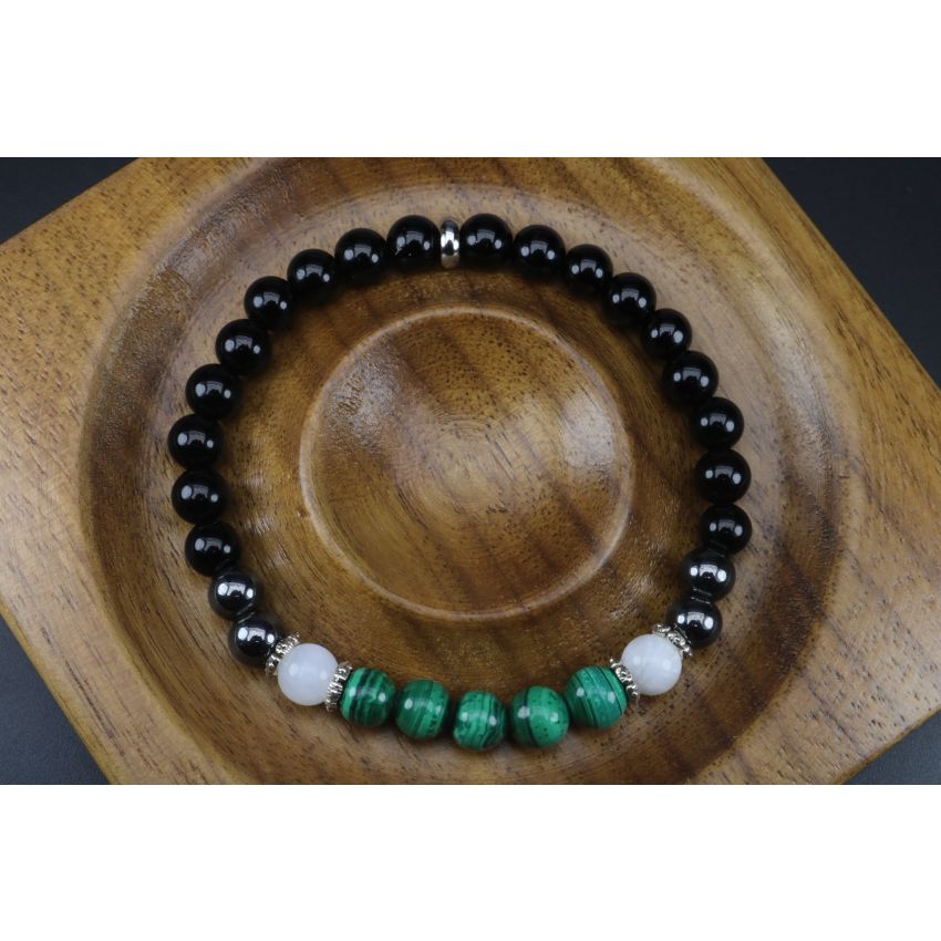 Malachite, Moonstone, Hematite & Black Tourmaline Bracelet (6mm Beads)/Powerful Protection, Emotional Balance, Heart Chakra, Well-Being
