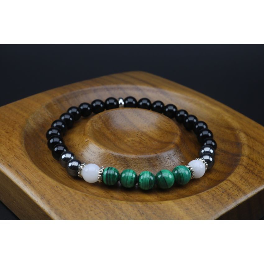 Malachite, Moonstone, Hematite & Black Tourmaline Bracelet (6mm Beads)/Powerful Protection, Emotional Balance, Heart Chakra, Well-Being