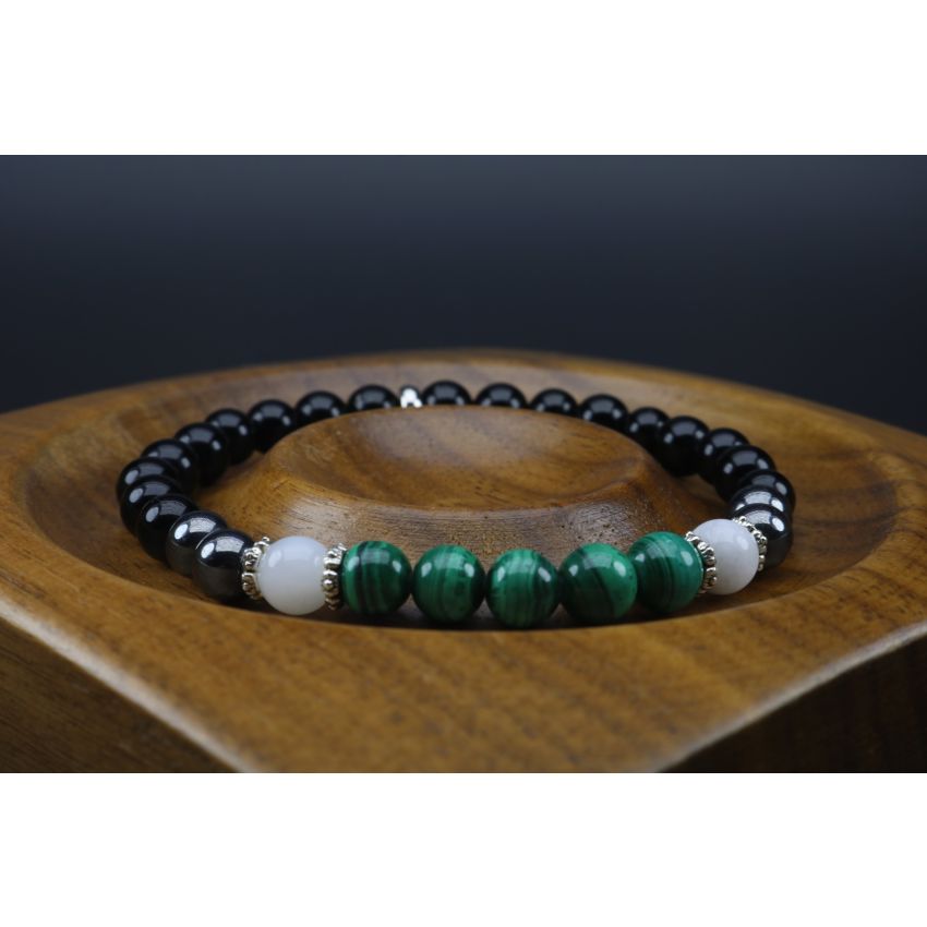 Malachite, Moonstone, Hematite & Black Tourmaline Bracelet (6mm Beads)/Powerful Protection, Emotional Balance, Heart Chakra, Well-Being
