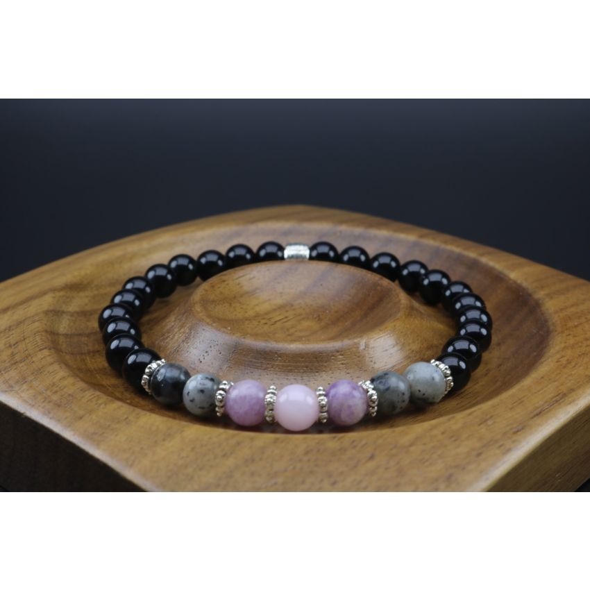 Black Tourmaline, Black Labradorite, Lepidolite, Rose Quartz Bracelet/Grief, Anxiety, Sweet Dreams, Protection (6mm Beads)