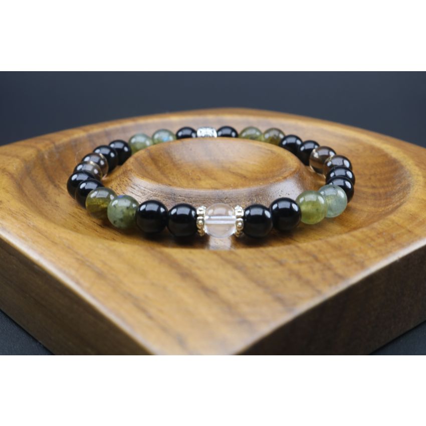 Elastic/Stretch Bracelet with Natural 6mm Black Tourmaline, Black Onyx, Obsidian, Smoky Quartz, Labradorite & Clear Quartz with or without Metal Spacers